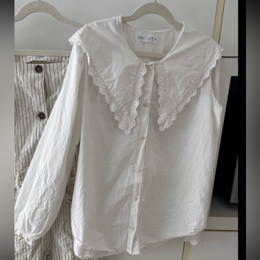 Zara Girls White Lace Collar Blouse 11-12Y French Classic Preppy School Photo - Picture 3 of 3